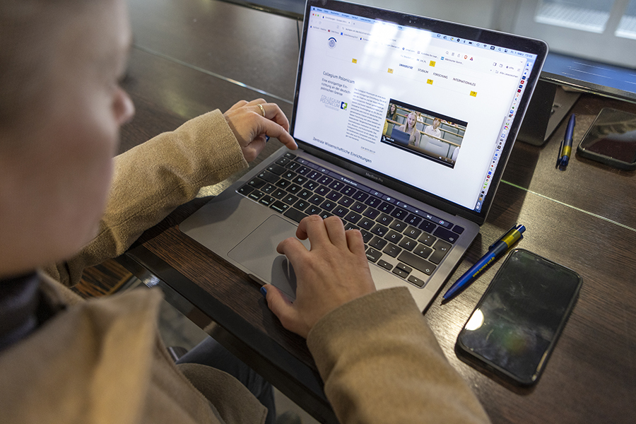 Frau arbeitet am Computer, Vidarina Logo Stift und Handy