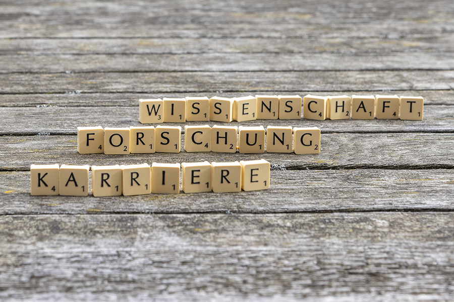 wissenschaft, forschung, karriere, Buchstaben von Scruble, Holzhintergrund